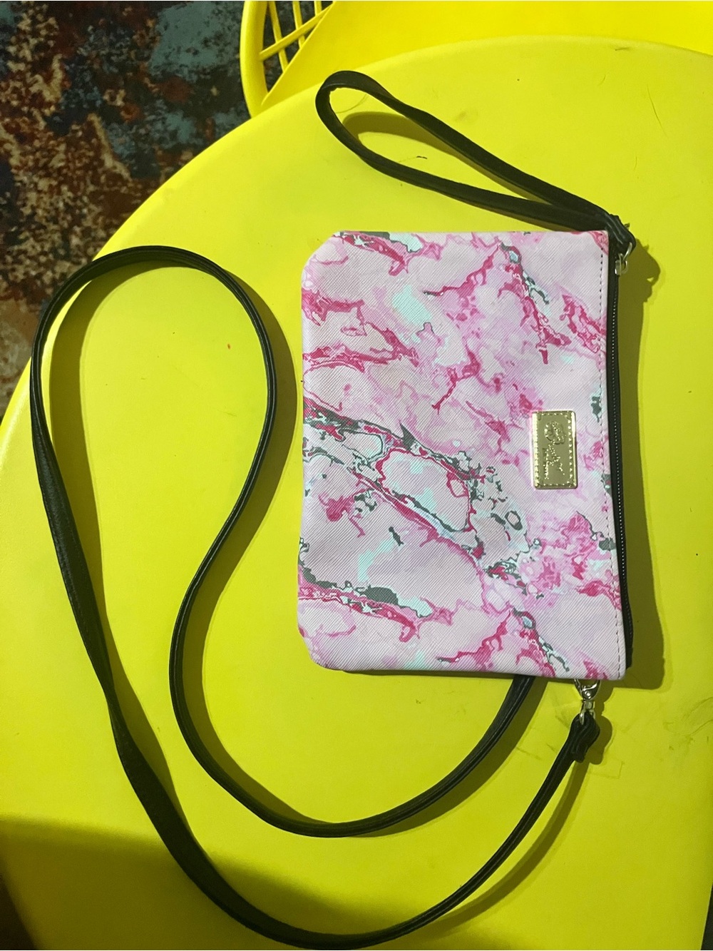 Betsey Johnson Pink Marble Crossbody Wristlet with Black Strap